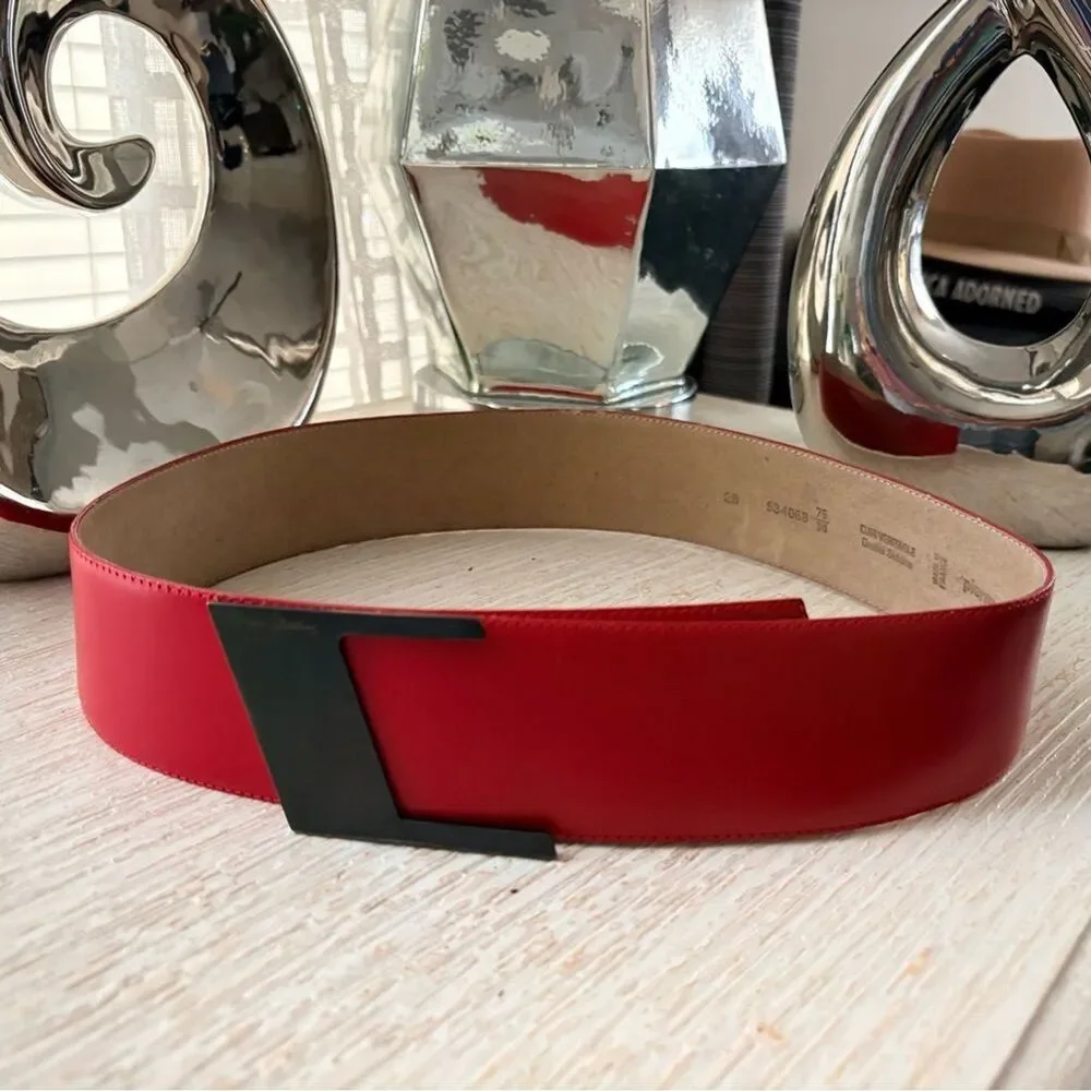 VTG Pierre Cardin Red Leather Metal Buckle Wide Belt Size 75
